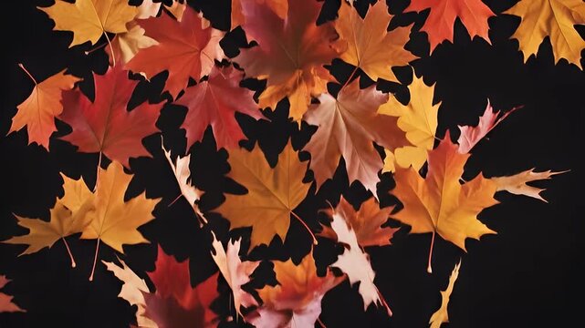 Vibrant autumn maple leaves on dark background with copy space