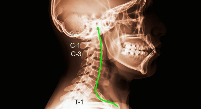 Anatomical X-ray of human cervical spine with numbered vertebrae