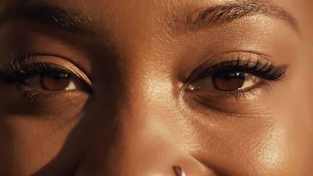 A close-up shot captures the captivating detail of a hazel eye, accentuated by elegant eyelashes and subtle makeup, bathed in warm, natural light.