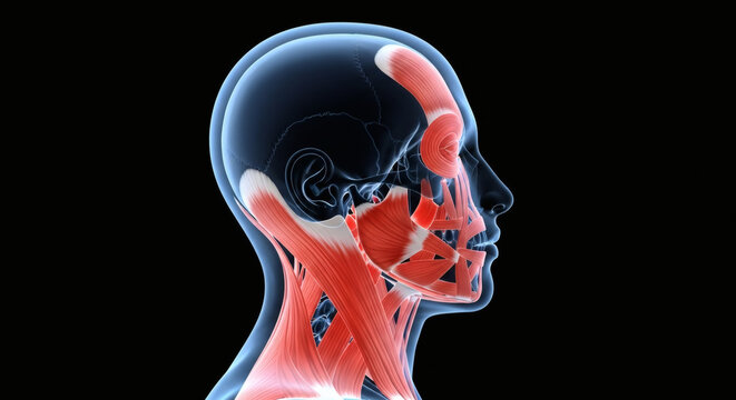 Medical 3D Illustration of Human Head and Neck Muscle Anatomy