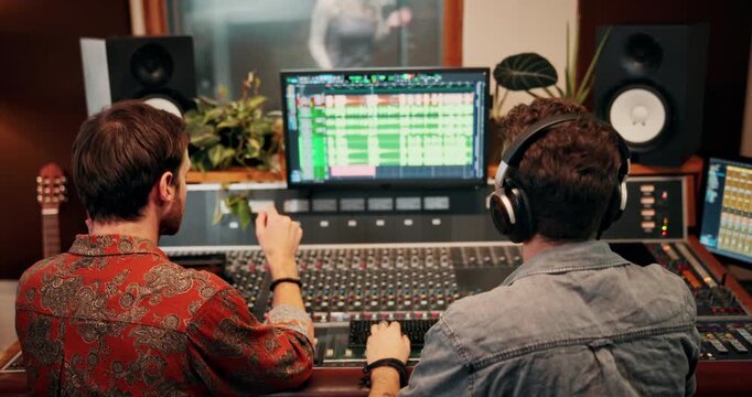 Men, count down and recording studio for sound, song or mixing with music producer. Artist, director and teamwork or collaboration with headphones, composition and production with audio engineer