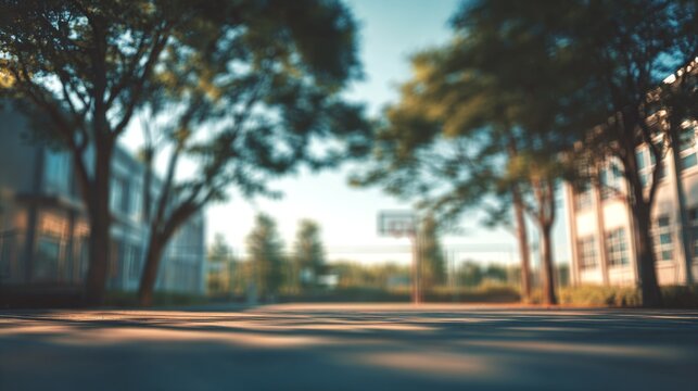 Blurry school yard background with green trees and bright sunny weather, soft focus outdoor campus scene with natural light, peaceful educational environment backdrop with copy space for school concep