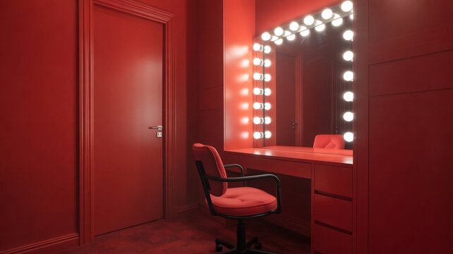 Dramatic dressing room, red interior, vanity with lights, makeup station, luxury decor