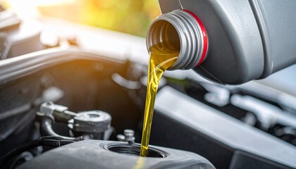 Obraz premium Mechanic pouring yellow oil into a car engine