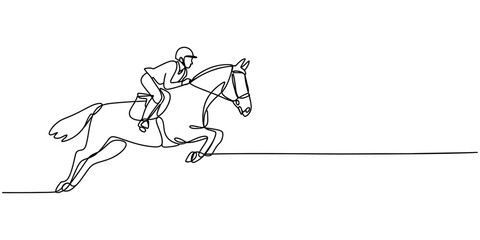 Equestrian, horse riding, continuous line art, minimalist vector illustration, jumping horse © SHANTO