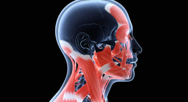 Medical 3D Illustration of Human Head and Neck Muscle Anatomy