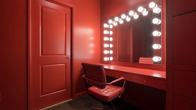 Red dressing room, vanity area, bright lights, makeup station, interior design