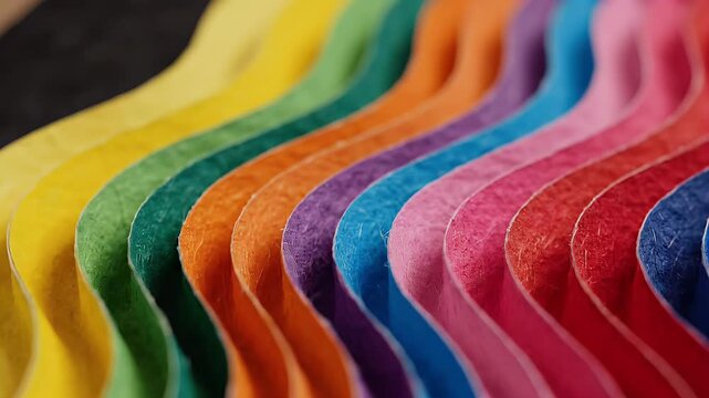 A vibrant and abstract image showcases a spectrum of colorful, layered paper strips creating a wave-like pattern.