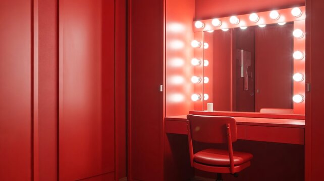 Dramatic red dressing room, makeup station, bright lights, backstage area, luxury interior