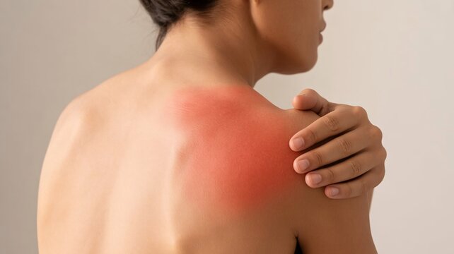 Back pain, shoulder pain, man with red inflamed skin, sore muscles, injury