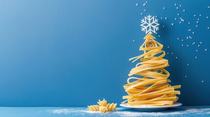 Creative Pasta Christmas Tree Decoration with Snowflakes and Blue Background for Holiday Inspired Culinary Art