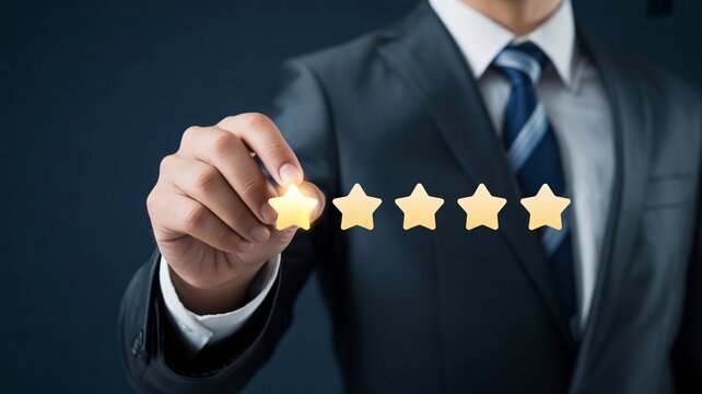 Businessman, rating, five stars, review, feedback, quality, excellence, satisfaction