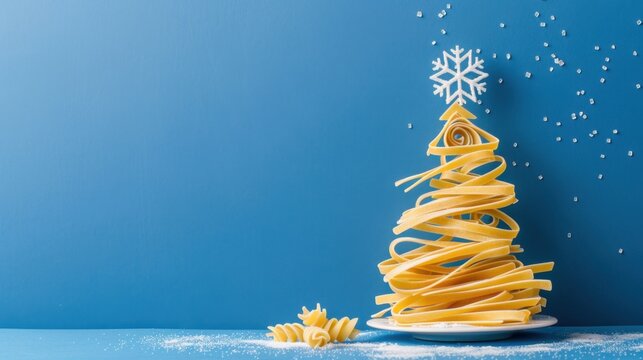 Creative Pasta Christmas Tree Decoration with Snowflakes and Blue Background for Holiday Inspired Culinary Art