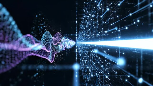 A futuristic abstract visualization depicts a dynamic flow of data and energy, represented by glowing particles and interconnected lines against a dark background.
