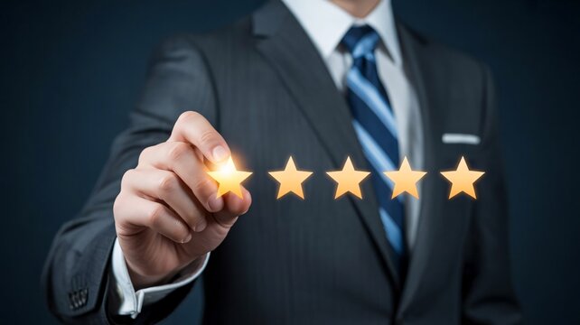 Businessman rating, five star review, glowing feedback, customer satisfaction