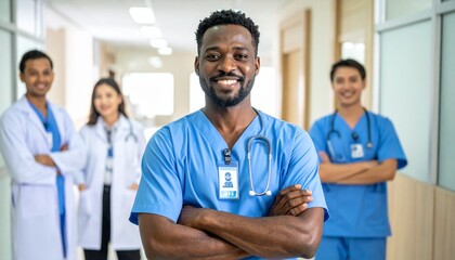 Fototapeta premium Medical team standing in hospital corridor with confident male nurse in foreground