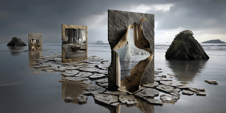 An eerie installation featuring shattered frames and ghostly interiors spread across horizon