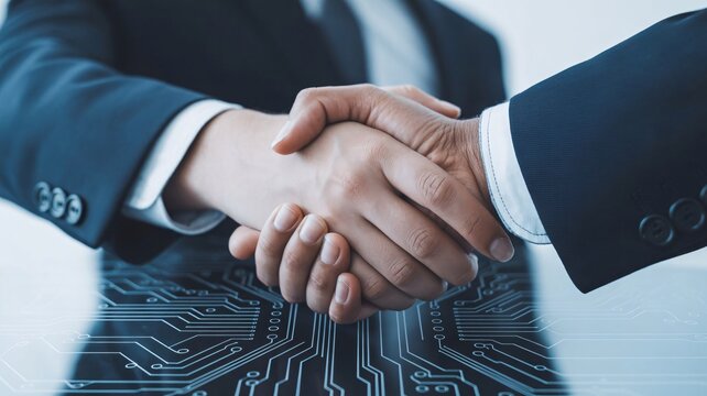 Business handshake, partnership agreement, corporate deal, technology background