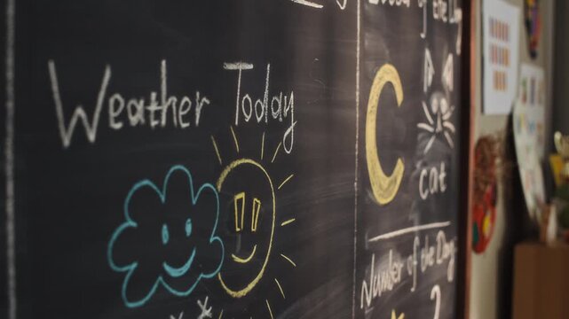 Close up no people shot of black chalkboard displaying weather chart and colorful drawings in modern kindergarten classroom with posters on walls, award and globe on side table in background