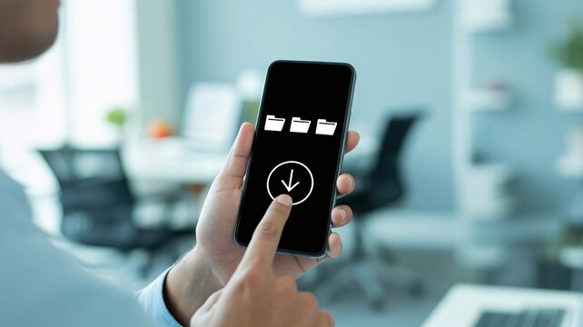 Mobile phone, downloading files, office background, technology concept, business productivity