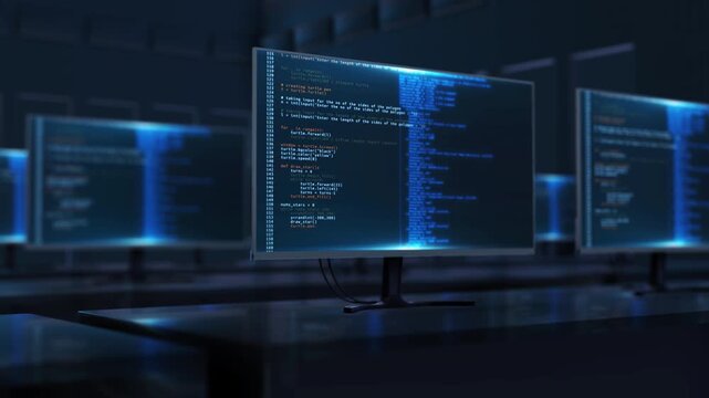 Hacked Database Screens Cybersecurity Breach Warning Screen Computer monitors code database alert message. for cybersecurity hacking themes, data breach visuals, tech documentaries, security training