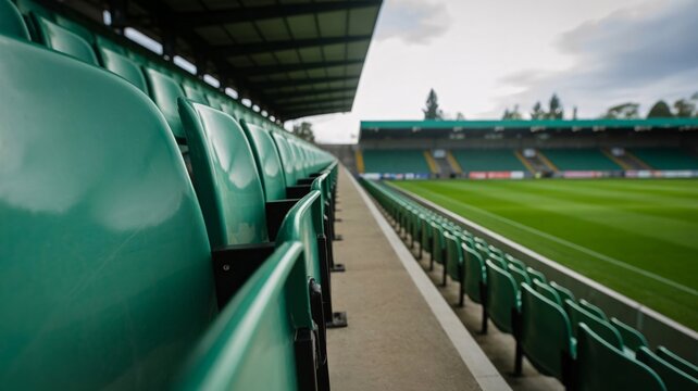 empty stadium seats, green bleachers, sports field, soccer stadium