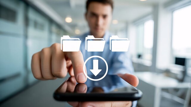 Businessman interacting with smartphone, file download icon, office background, technology concept.
