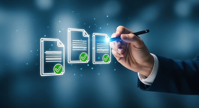 Businessman hand holding pen and checking documents with glowing green checkmarks on blue background