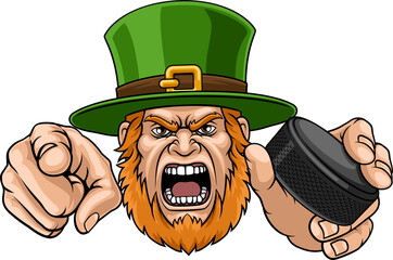Plakat An angry Leprechaun Celtic Irish cartoon character holding hockey puck and pointing ice hockey sports team mascot illustration.