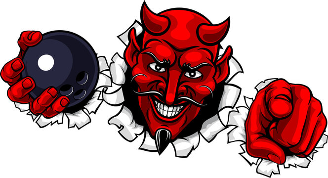 A devil man holding bowling ball, breaking through the background and pointing sports team mascot illustration.