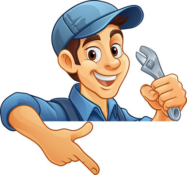 A mechanic or plumber handyman cartoon mascot man holding a wrench or spanner peeking around a sign and pointing at it
