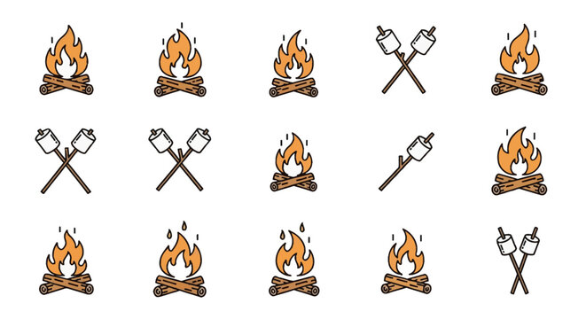 Vector collection of campfire and marshmallow icons featuring burning wood logs with orange flames and marshmallows on roasting sticks. Flat line art design for camping activities.