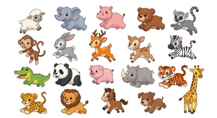 Obraz premium A collection of cute cartoon wild and farm animals depicted in a playful style