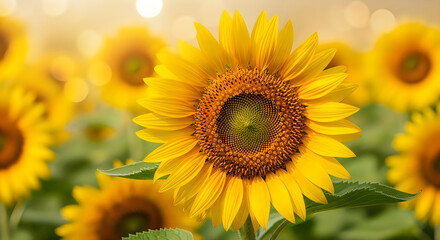 Obraz premium Vibrant sunflower in a sunlit field with beautiful bokeh background
