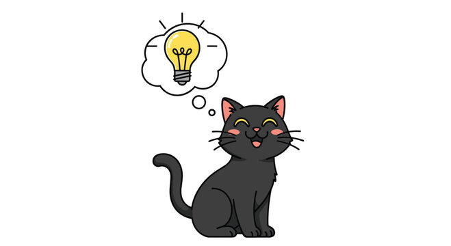 Cute black cat sitting and smiling with a bright yellow lightbulb in a thought bubble representing a clever new idea.