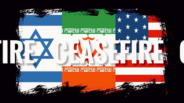 Ceasefire announced between USA israel and Iran as deadline Looms. Flags of USA israel and Iran waving in glitch effect with Ceasefire Text glowing on screen, with distorted effect.