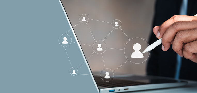 Organizational network structure with connected people icons on digital interface, showing team collaboration, stakeholder mapping, social graph, and business communication on copy space background