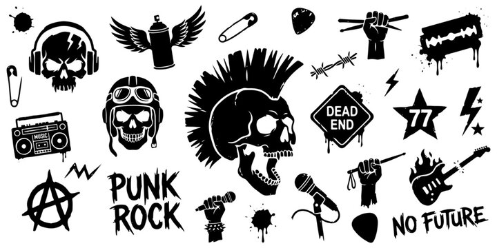 Punk rock music and subculture elements set. Collection of silhouettes with skulls, anarchy symbols, guitars and grunge underground icons.