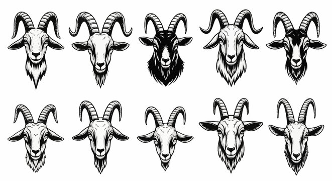 Vector set of ten stylized goat head icons with curved ribbed horns and goatees, monochrome line art illustrations of rams and goats isolated on a plain white background.
