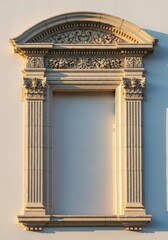 Obraz premium Ornate stone window frame exhibiting classical symmetry and historical European architectural style, bathed in soft afternoon natural light, casing, beauty, building
