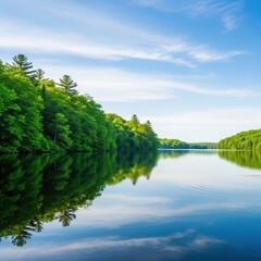 Obraz premium Peaceful summer landscape featuring tranquil lake water reflecting the bright blue sky and lush green forest shoreline, wilderness, idyllic, shoreline