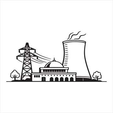 A black and white drawing of a power plant
