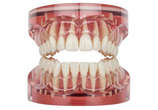 Dental model of upper and lower teeth with pink gum isolated on transparent background