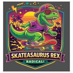 Fototapeta premium Retro Skateboarding Dinosaur 90s Vintage Style T-Shirt Design
