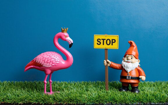 Pink flamingo king faces garden gnome with stop sign on vibrant blue