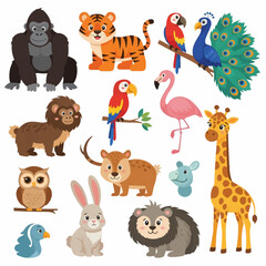 Vector collection of diverse cartoon wildlife characters including a gorilla, tiger, peacock, macaw, flamingo, giraffe, owl, rabbit, and porcupine isolated on a white background.