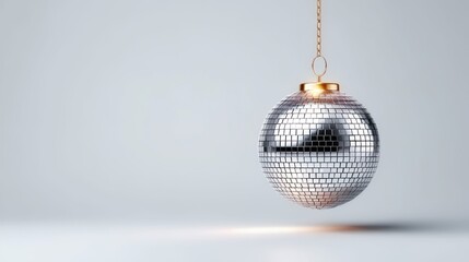 Fototapeta premium Shiny disco ball hanging from a golden chain against a clean, minimalist background