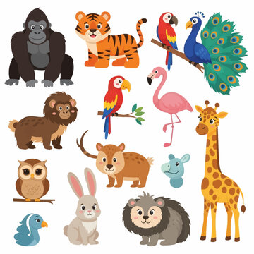 Vector collection of diverse cartoon wildlife characters including a gorilla, tiger, peacock, macaw, flamingo, giraffe, owl, rabbit, and porcupine isolated on a white background.