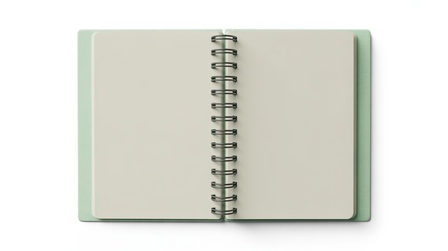 Open spiral bound notebook with pale green cover and cream pages on white background image