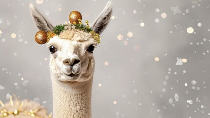Fototapeta premium Festive Llama with Winter Decor and Sparkling Background for Holiday Themed Projects and Creative Art